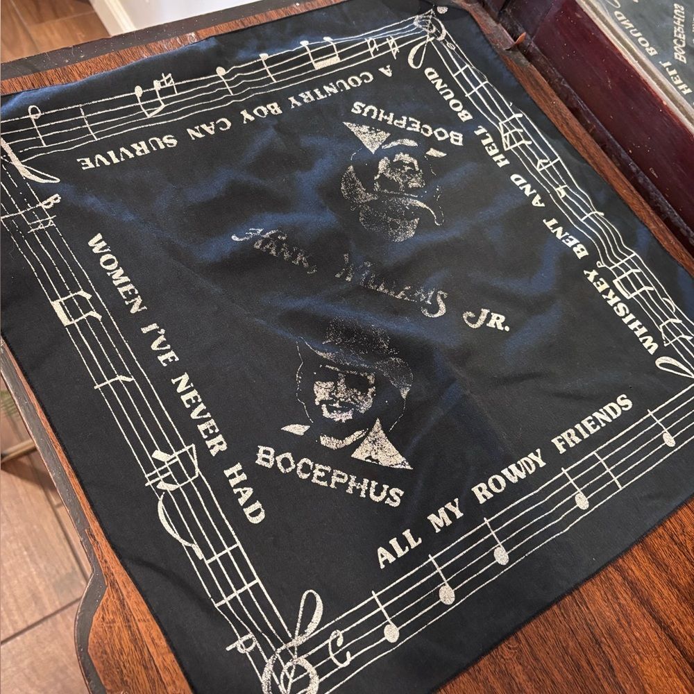 Vintage Hank Williams Jr. "Bocephus" black and white concert bandana.